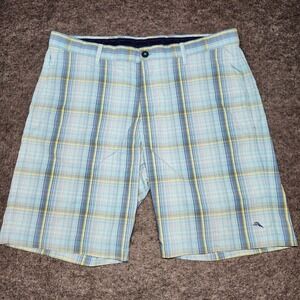 Tommy Bahama Mens Performance Nylon Golf Shorts Blue Yellow Plaid 38